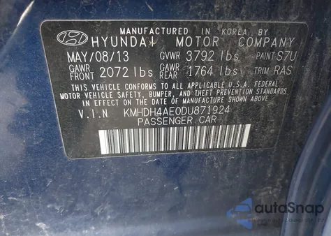2013 Hyundai Elantra Gls z USA, uszkodzony, nr VIN KMHDH4AE0DU871924